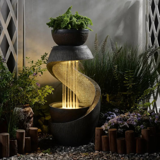 S-Shaped Outdoor Water Fountain With LED Lights And Planter Bowl