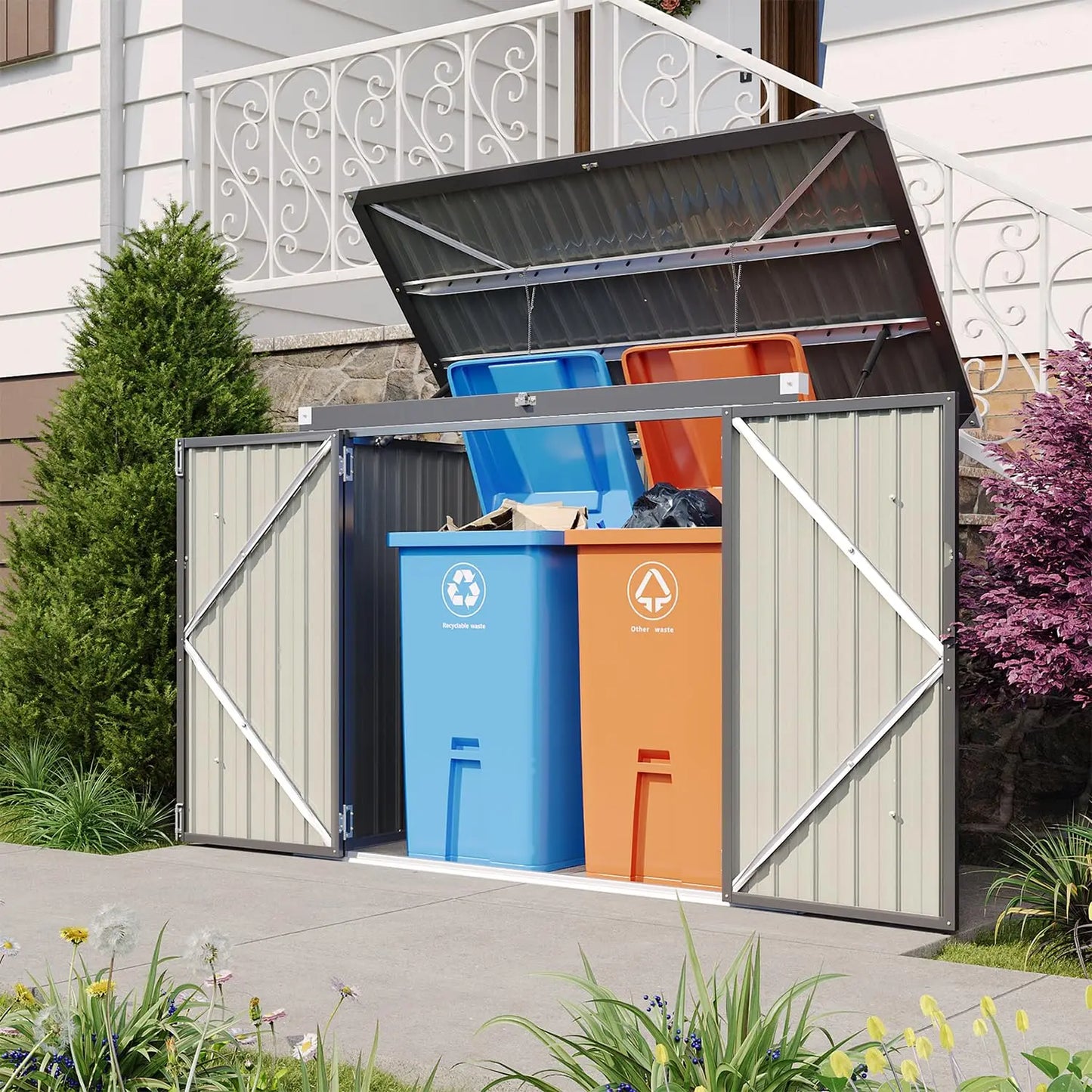 Metal Outdoor Storage Shed With Chain Lid For 2 Bins