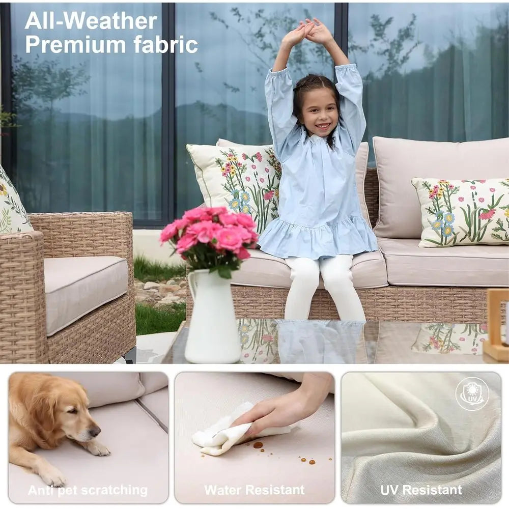 All-Weather Wicker Patio Sectional Set With Glass Table Cushions