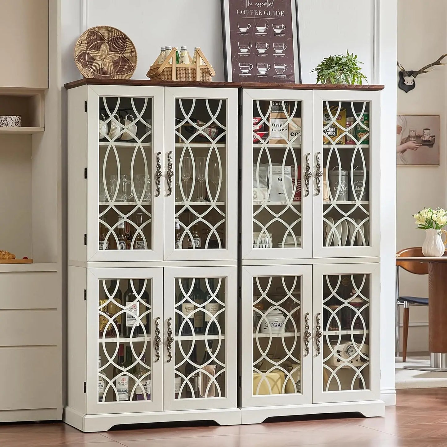 HUANZHUANG Set of 2 Wood Pantry Cabinets With Glass Doors