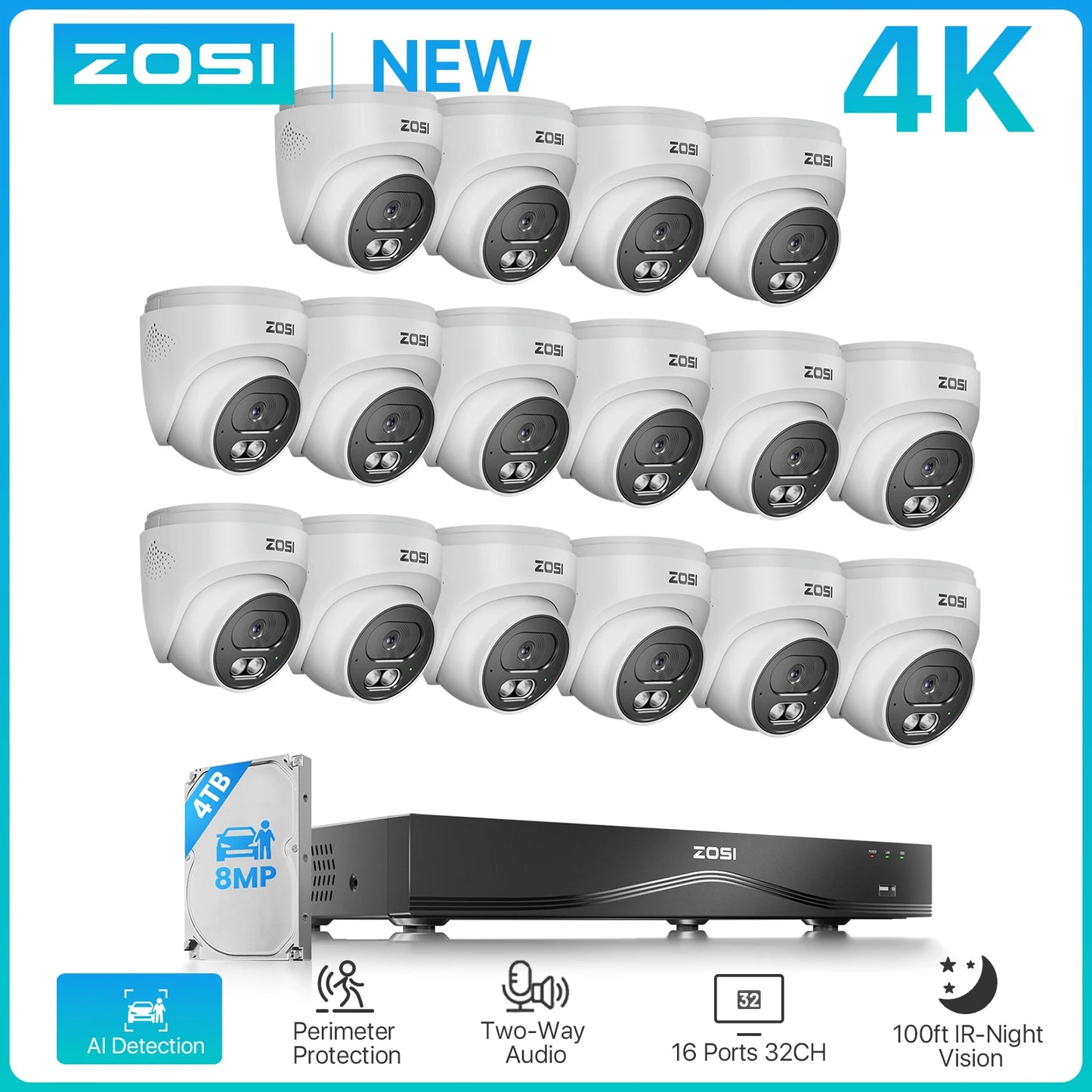 ZOSI 16-Channel 4K PoE CCTV System With NVR 4TB HDD