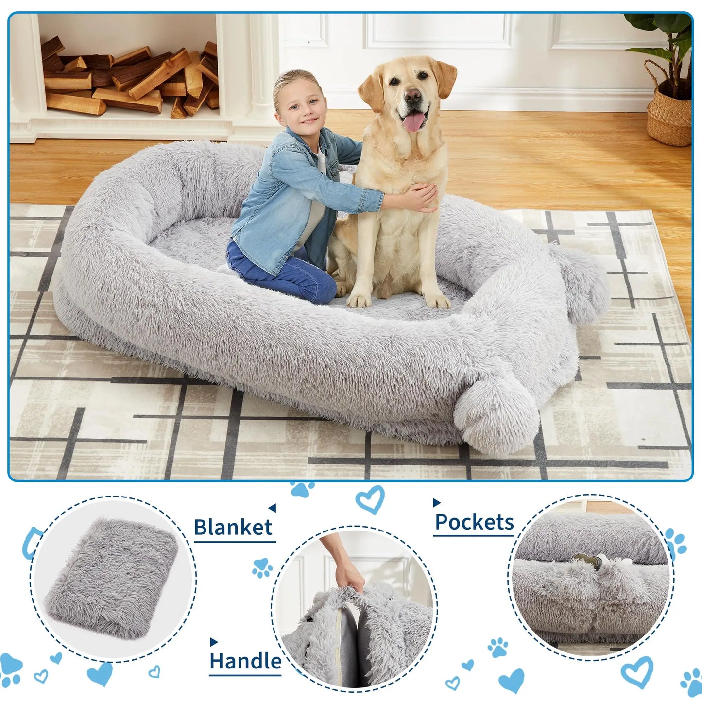 HiMISSCN Human Dog Bed With Removable Cover Pockets And Blanket