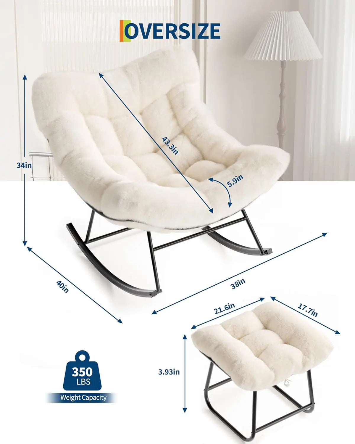 Outdoor Oversized Papasan Rocking Chair with Footrest, Patio Lounge Chair Rattan Egg Rocker for Balcony Backyard Porch Bedroom