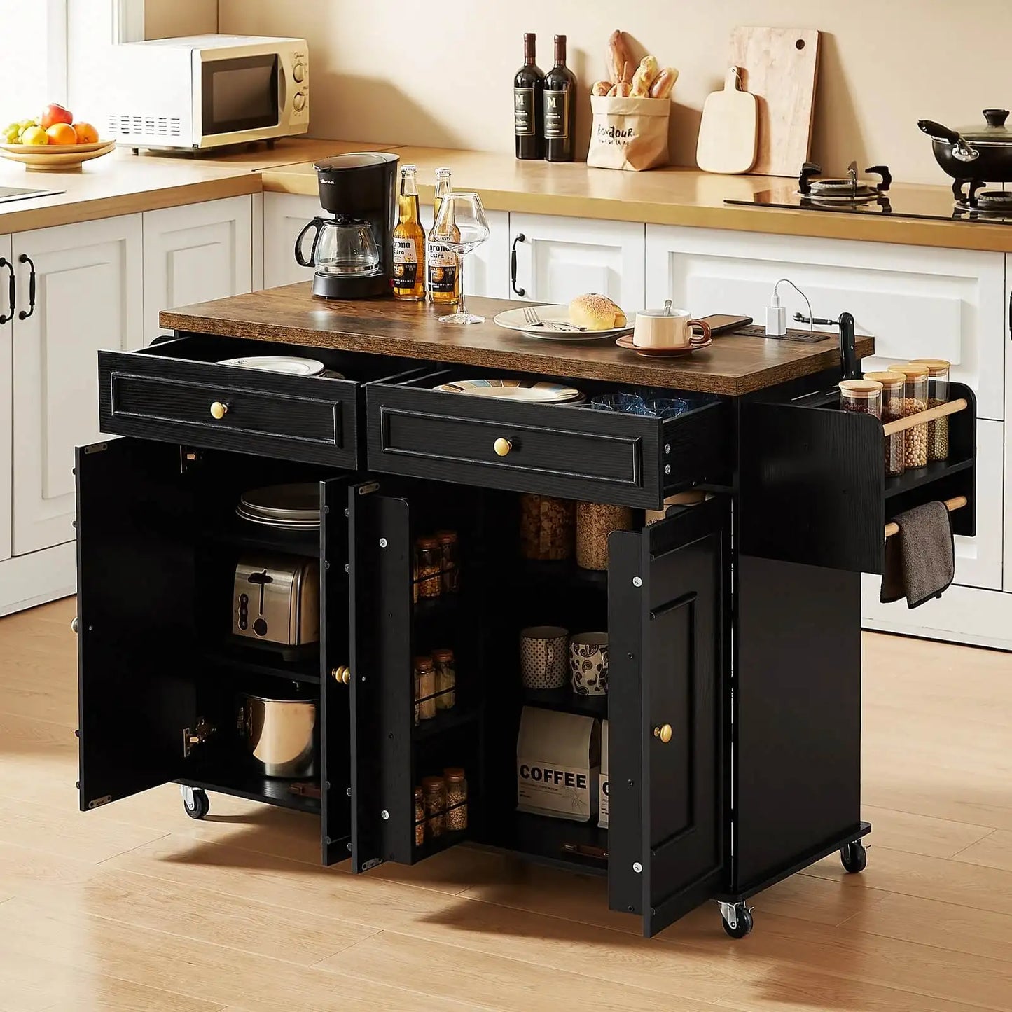 Mobile Kitchen Island Cart With Drop Leaf And Power Outlet