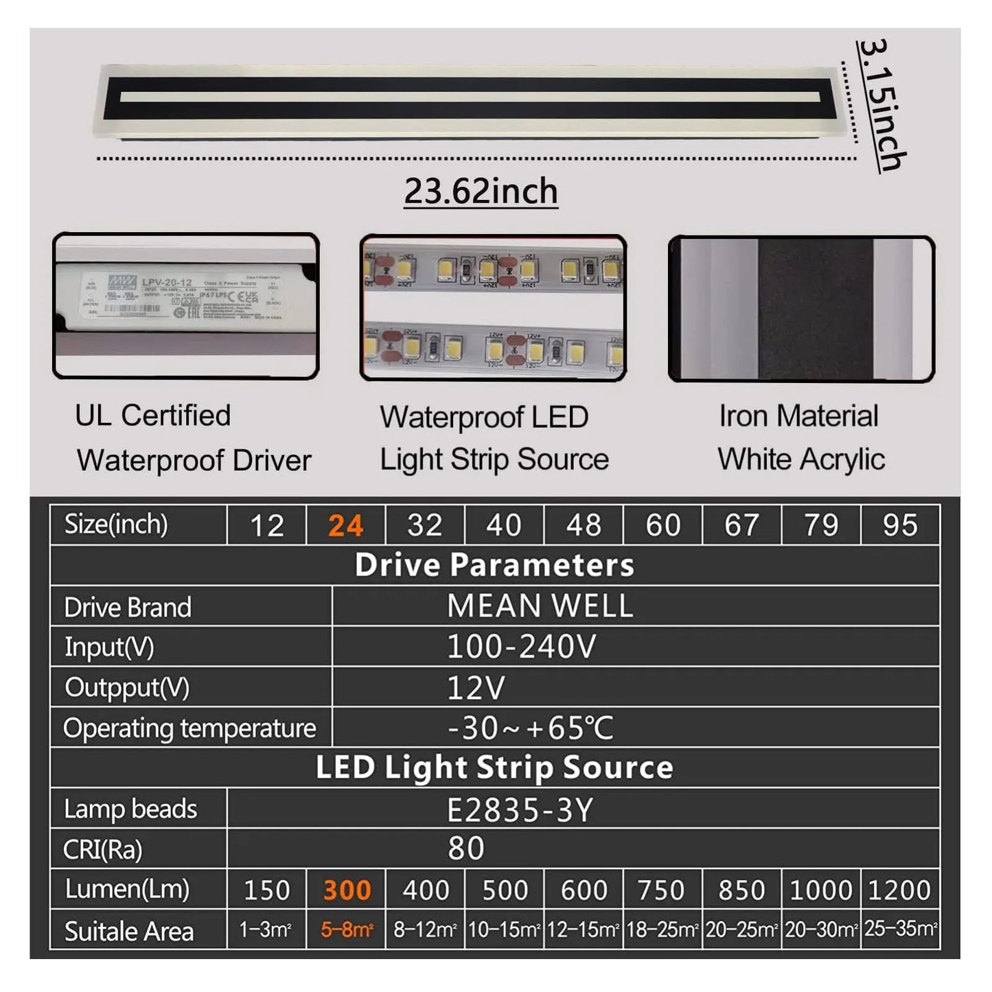Outdoor LED Wall Sconce Long Strip Light Modern IP67 Frosted Acrylic