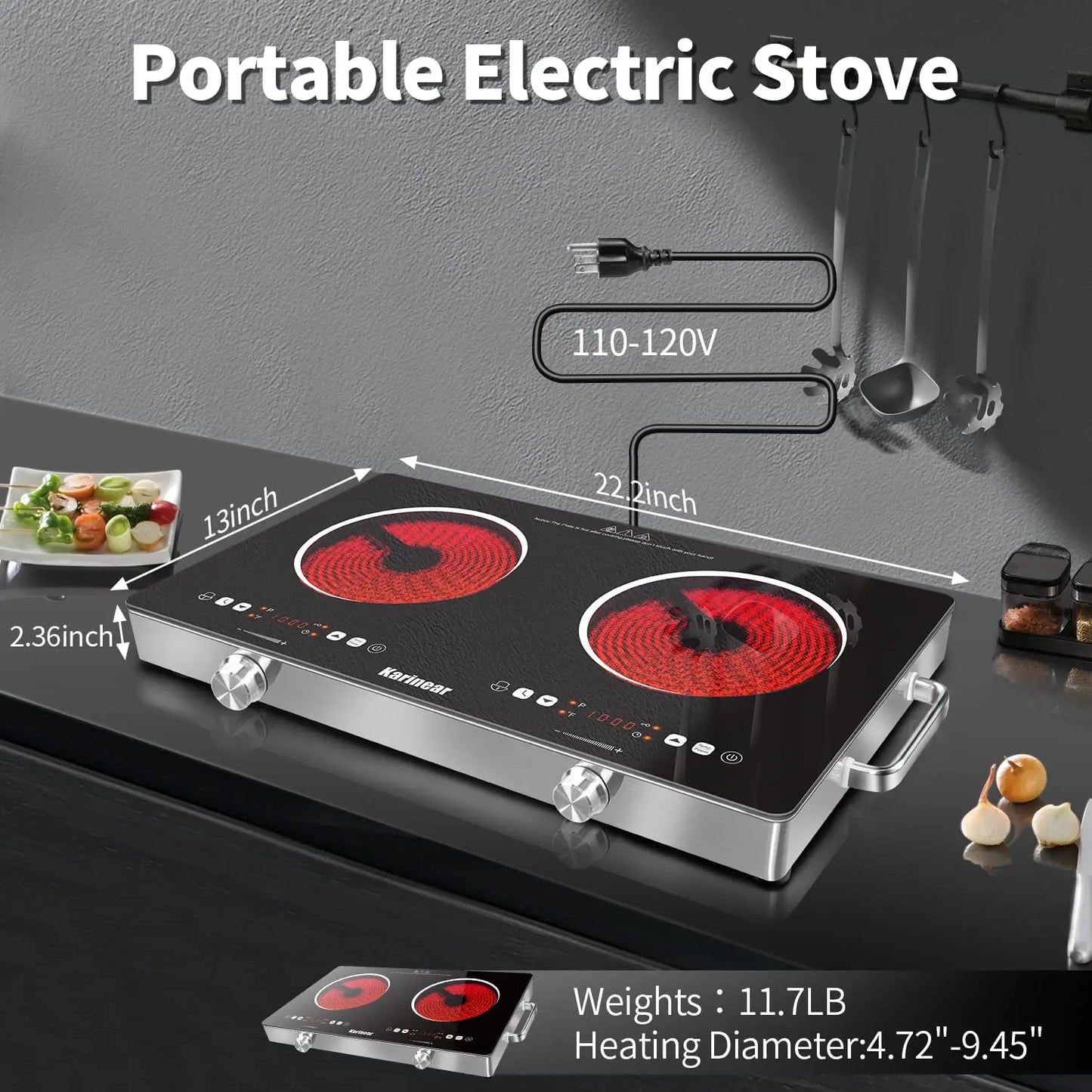 Karinear Ceramic Hob Dual Zone 3200W Plug-In Electric Cooker