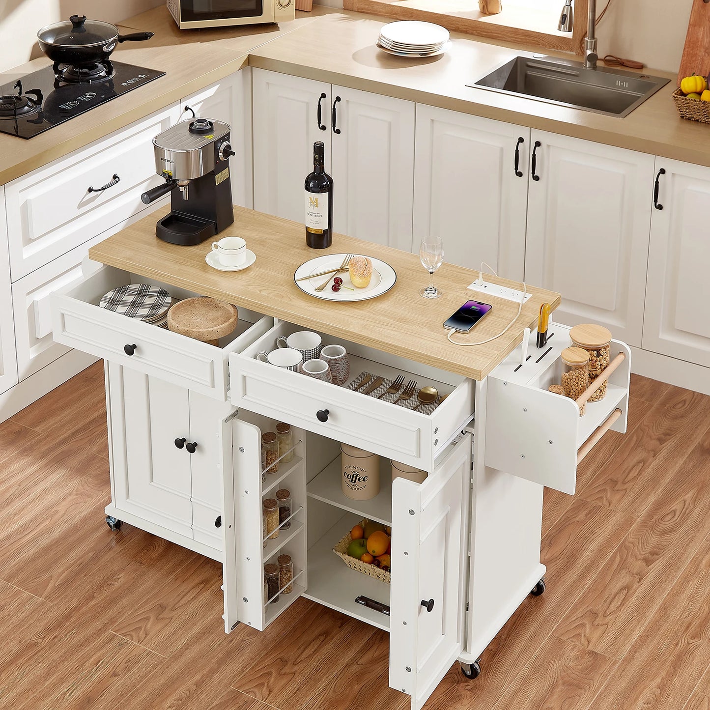 Mobile Kitchen Island Cart With Drop Leaf And Power Outlet