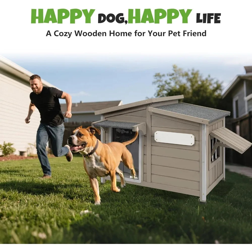 Outdoor Wooden Dog House Weatherproof With Adjustable Vent Windows