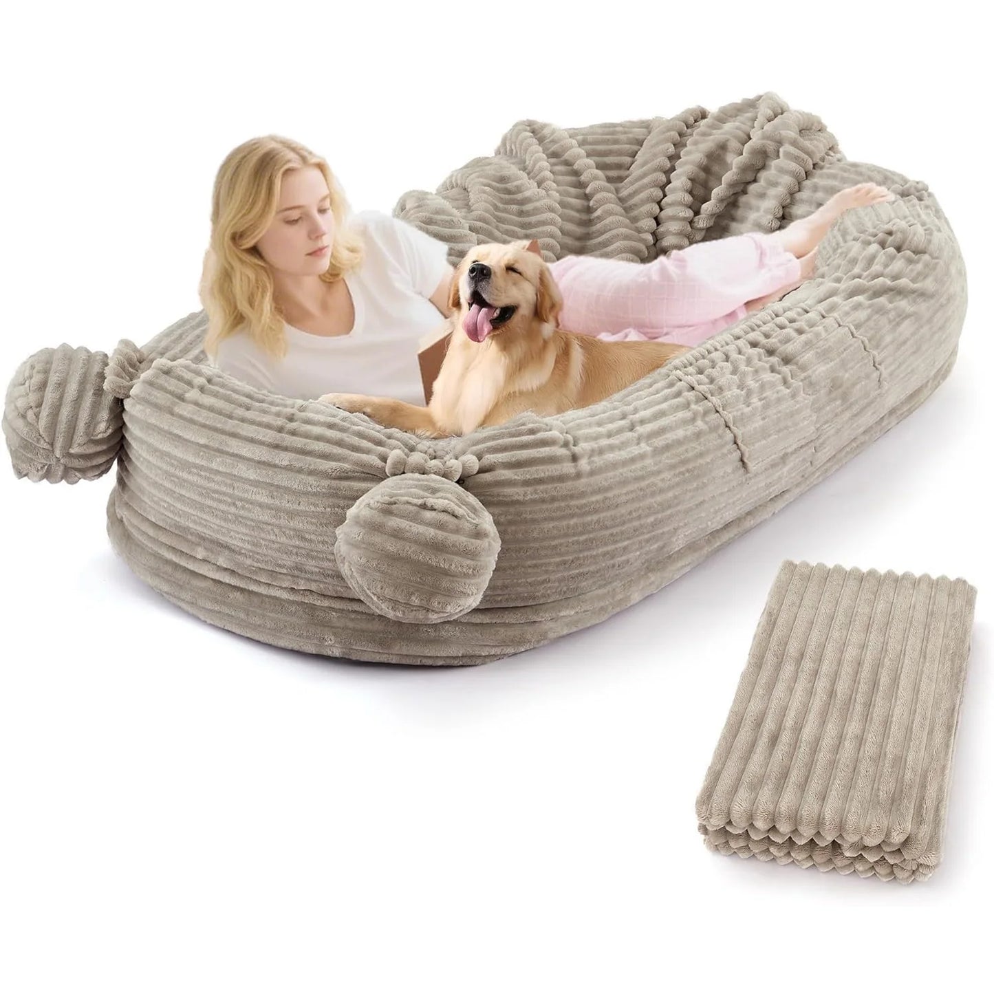 HiMISSCN Human Dog Bed With Removable Cover Pockets And Blanket