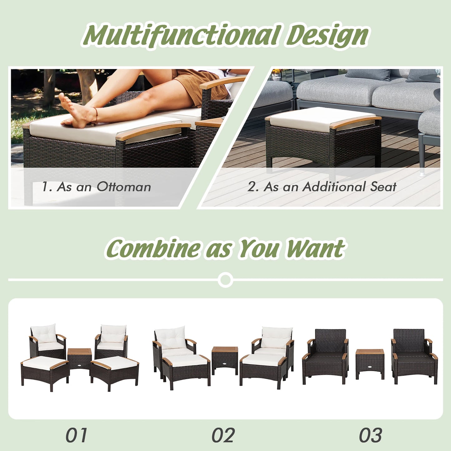 HOMASIS Patio Rattan Furniture Set With Cushioned Sofa Ottomans Table