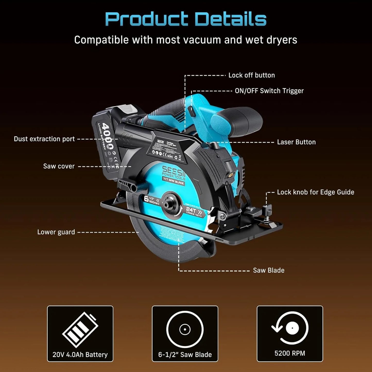 Seesii Cordless Circular Saw 5200 RPM for Precise Wood Cutting