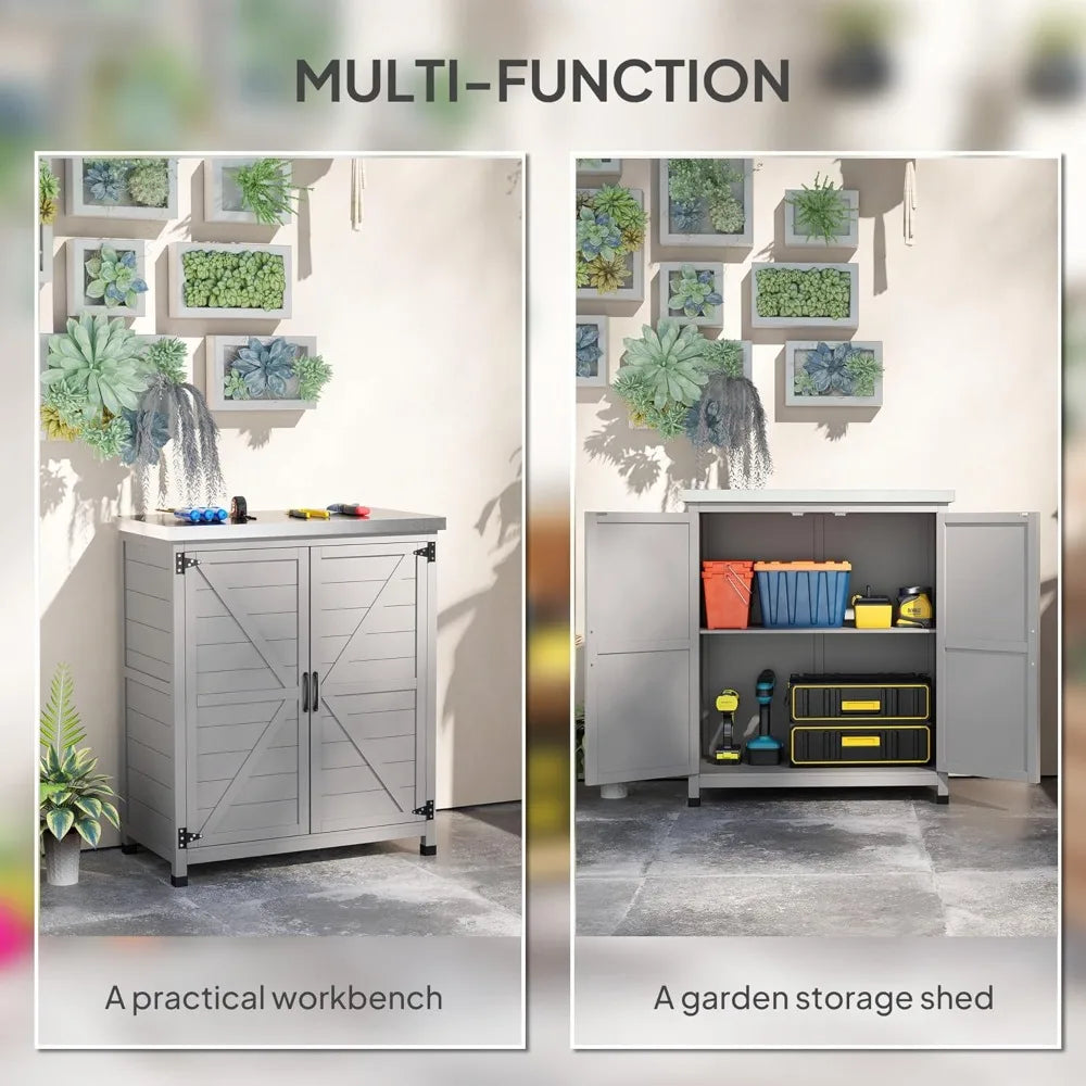 Outdoor Storage Cabinet With Wooden Tabletop And Shelves