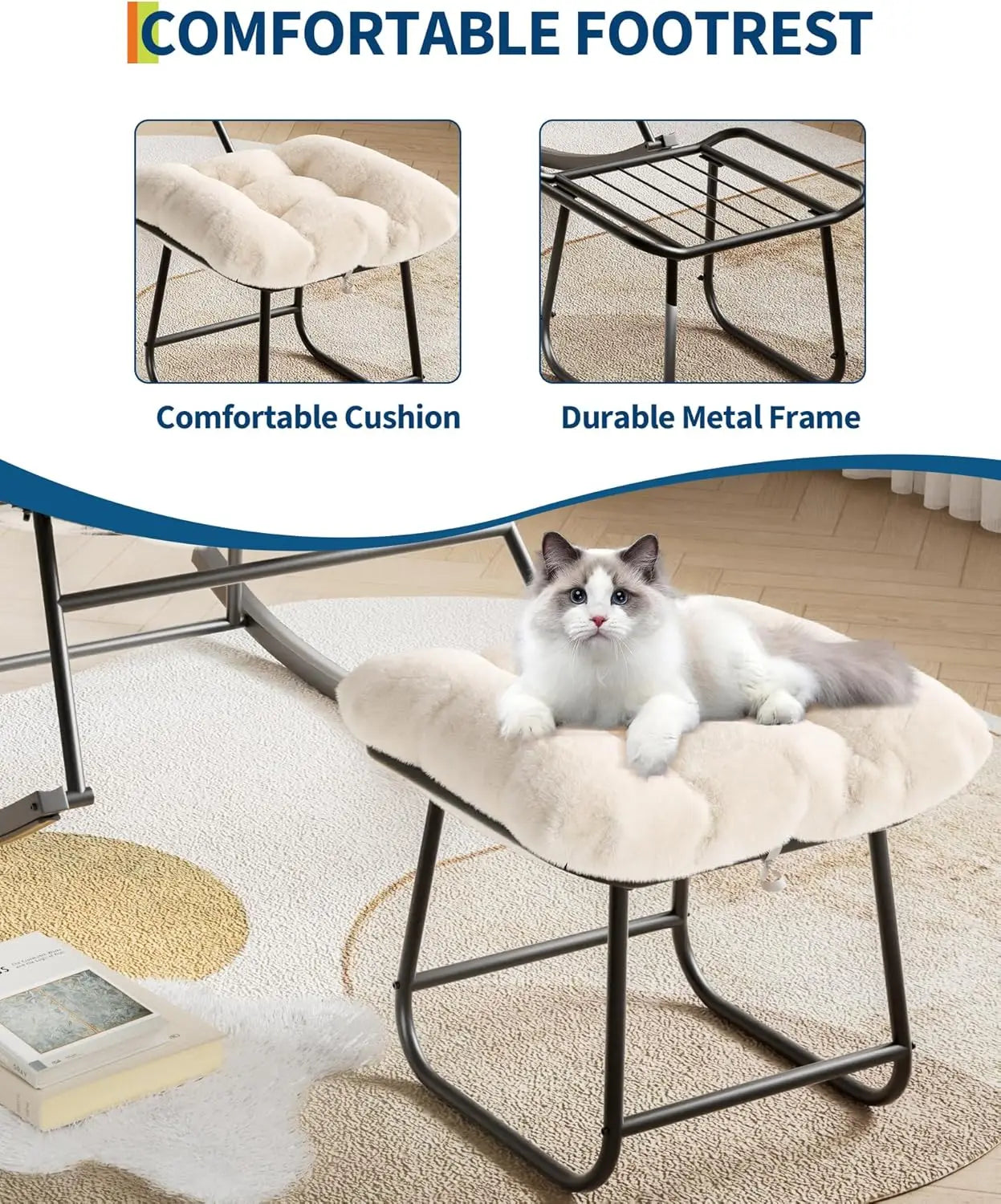 Outdoor Oversized Papasan Rocking Chair with Footrest, Patio Lounge Chair Rattan Egg Rocker for Balcony Backyard Porch Bedroom