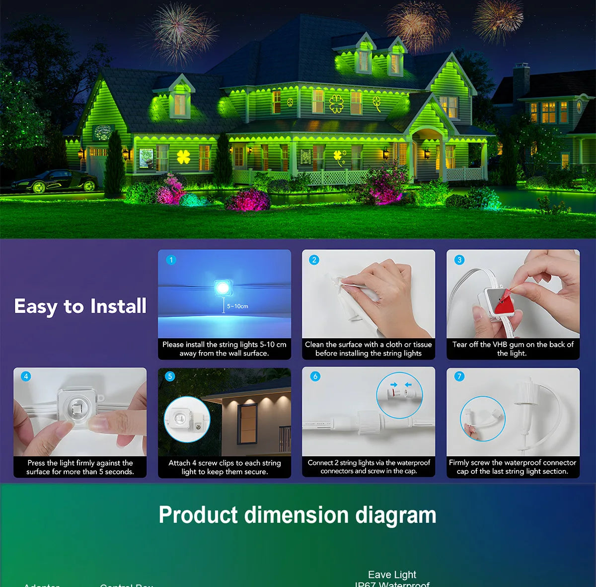 MIMIRGB Outdoor Eaves LED Light String With Bluetooth App Control