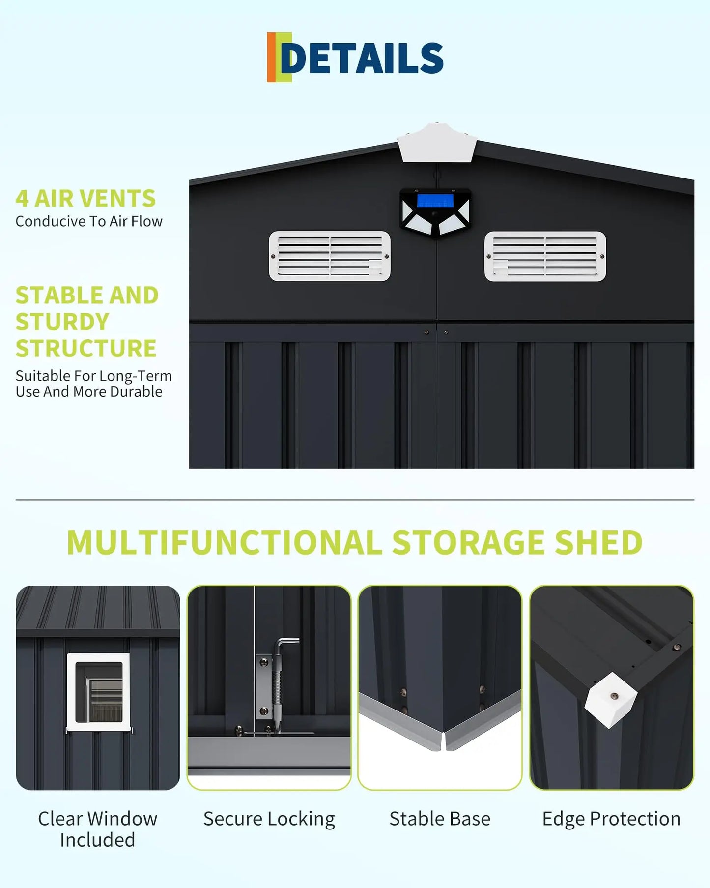 Metal Outdoor Storage Shed With Windows And Lockable Doors