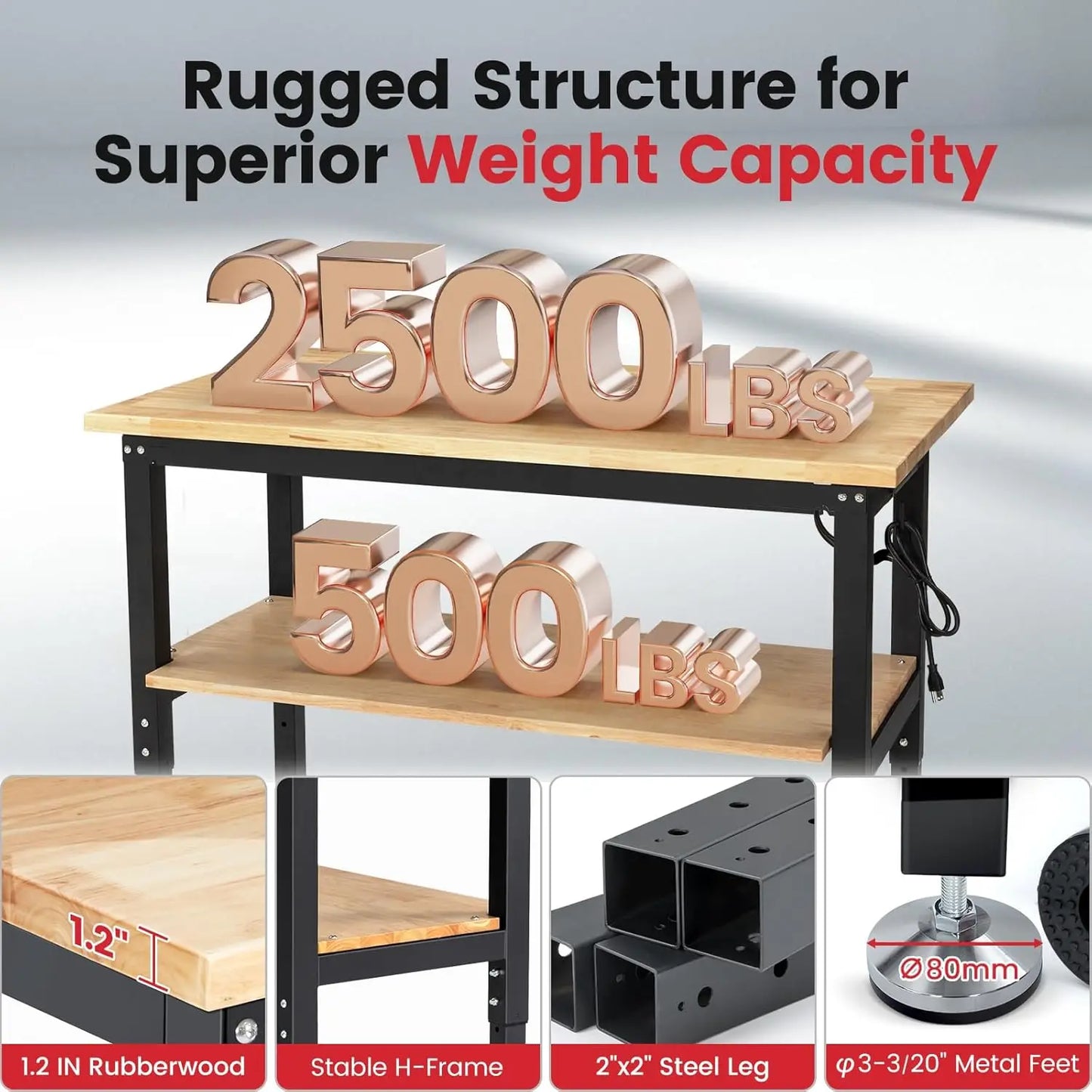 Adjustable Height Workbench With Storage, Power Outlets, And Pegboard