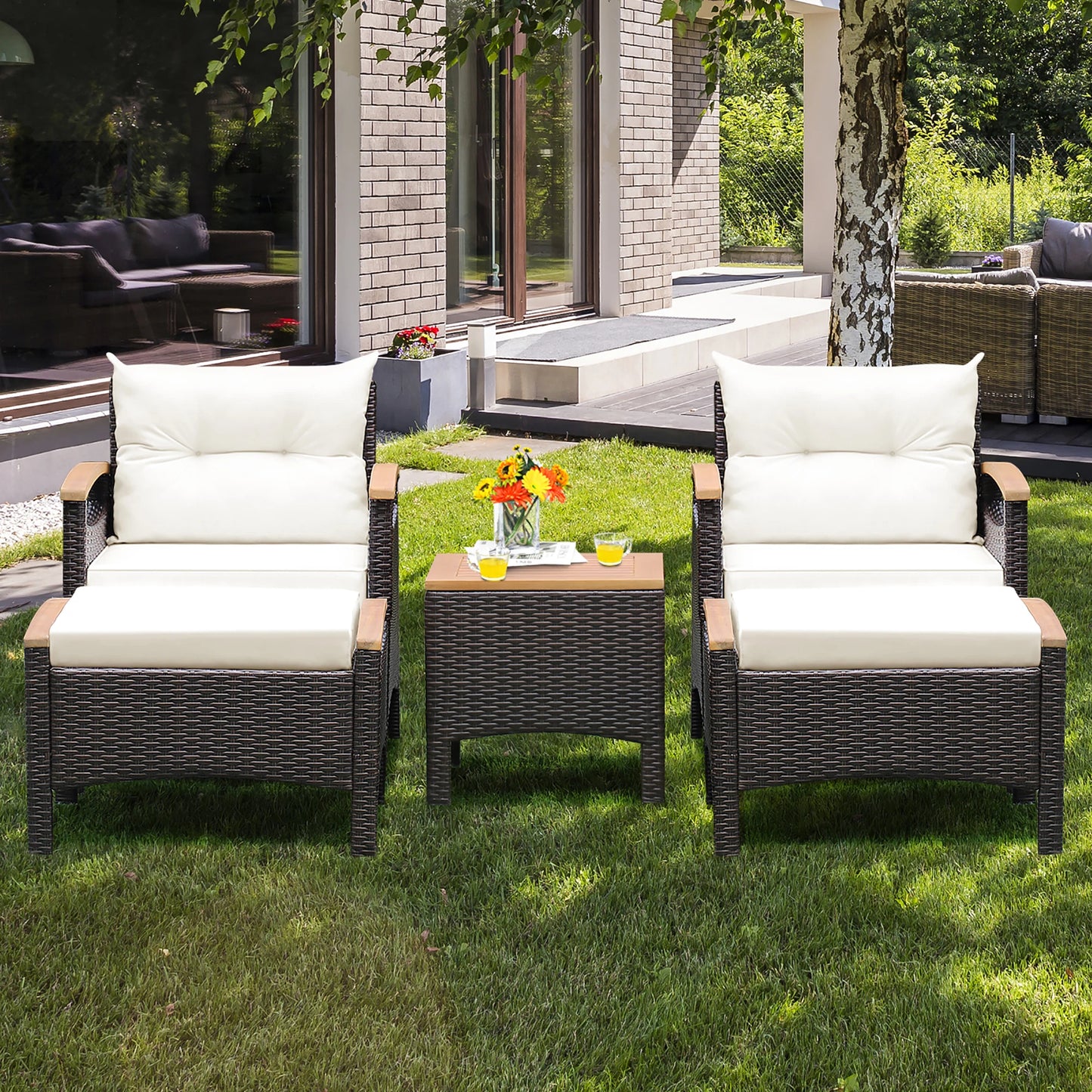 HOMASIS Patio Rattan Furniture Set With Cushioned Sofa Ottomans Table