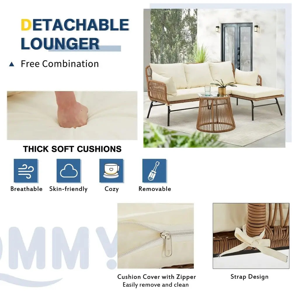 Outdoor L Shaped Sectional Sofa Set With Cushions And Glass Table