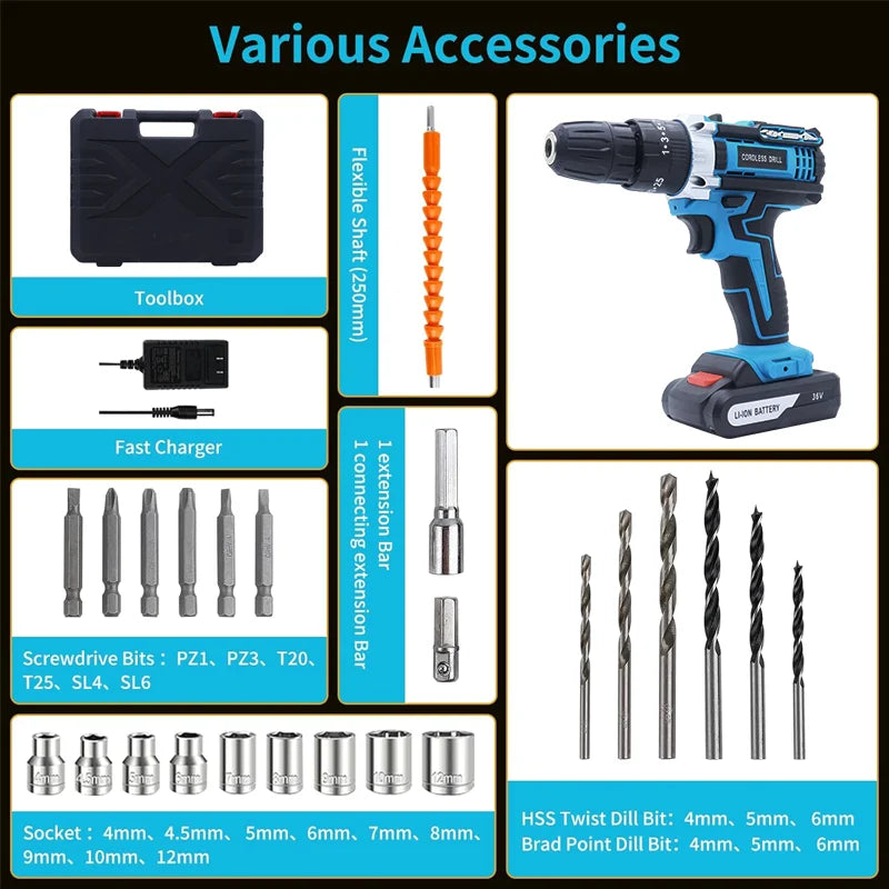 36VF Drill Combination Kit With 2 Batteries And Fast Charger