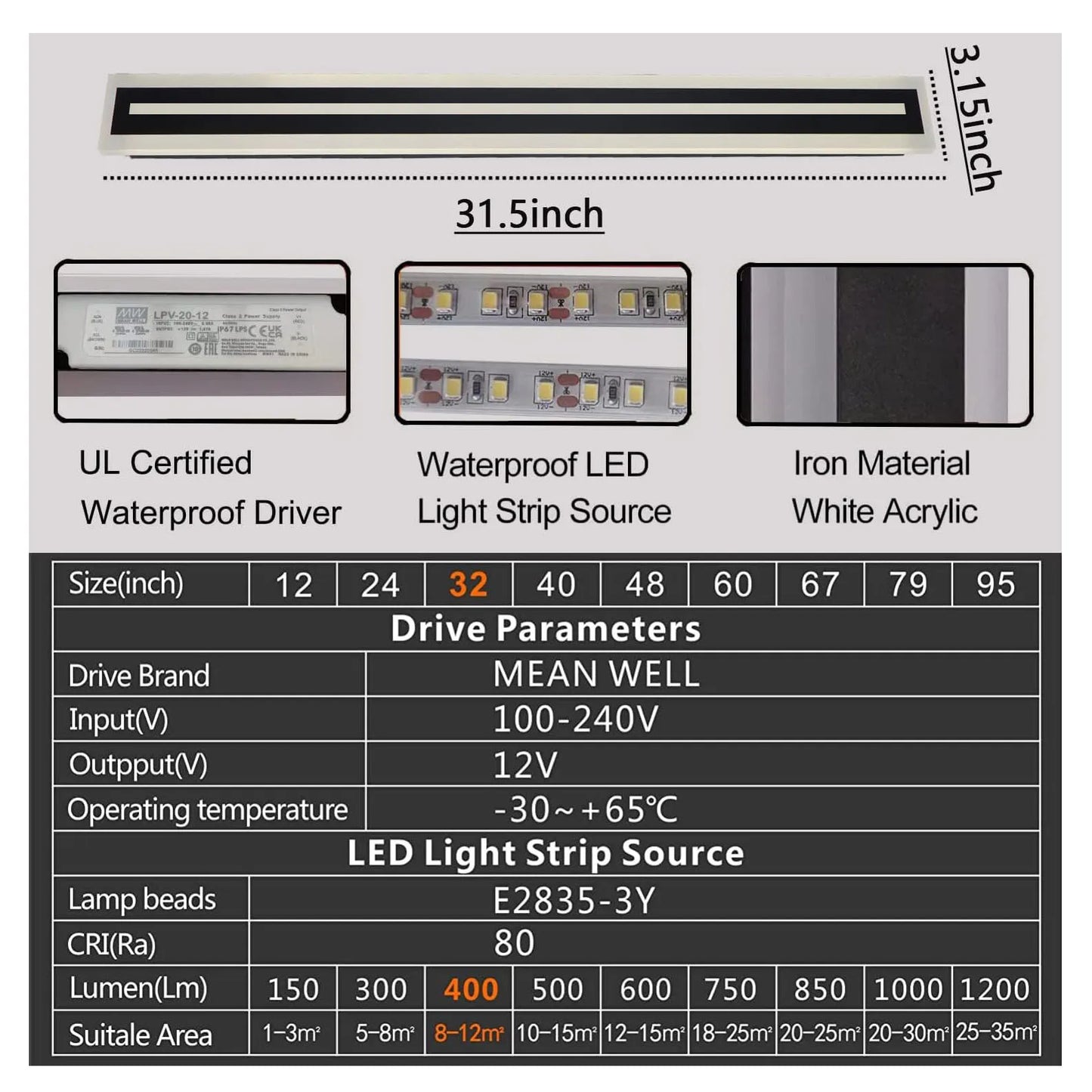 Outdoor LED Wall Sconce Long Strip Light Modern IP67 Frosted Acrylic