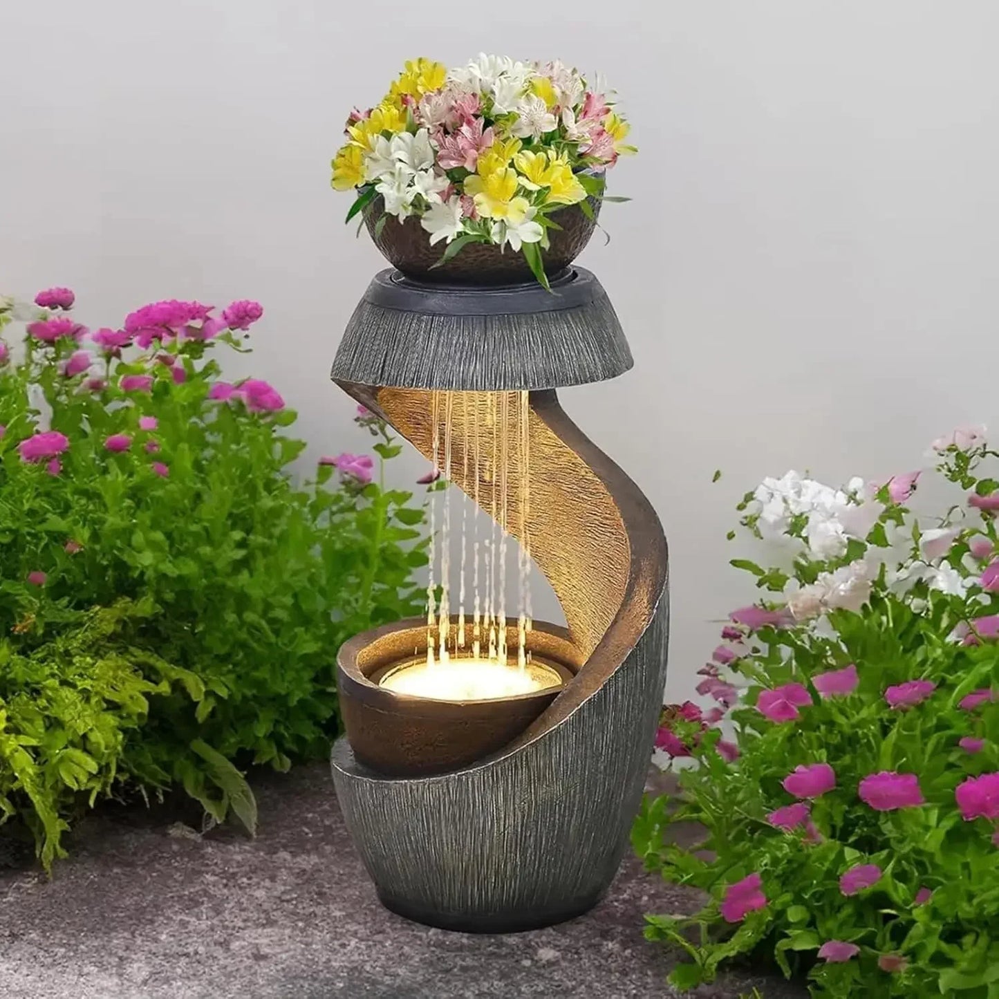 S-Shaped Outdoor Water Fountain With LED Lights And Planter Bowl