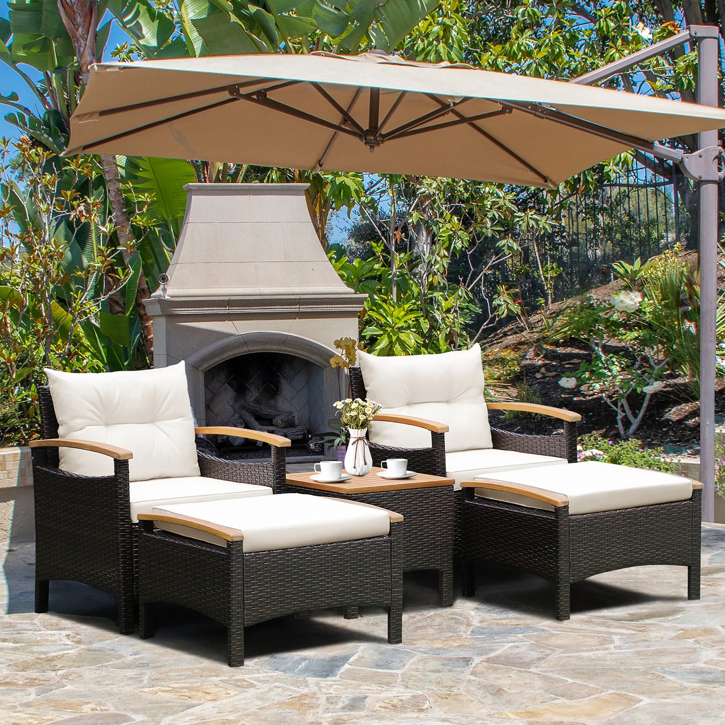 HOMASIS Patio Rattan Furniture Set With Cushioned Sofa Ottomans Table