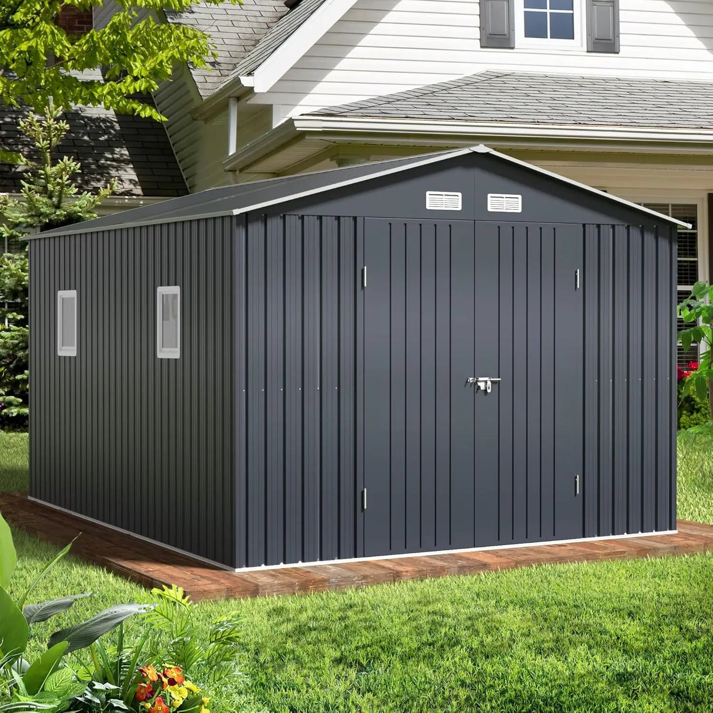 Outdoor Metal Storage Shed With Lockable Doors And Windows