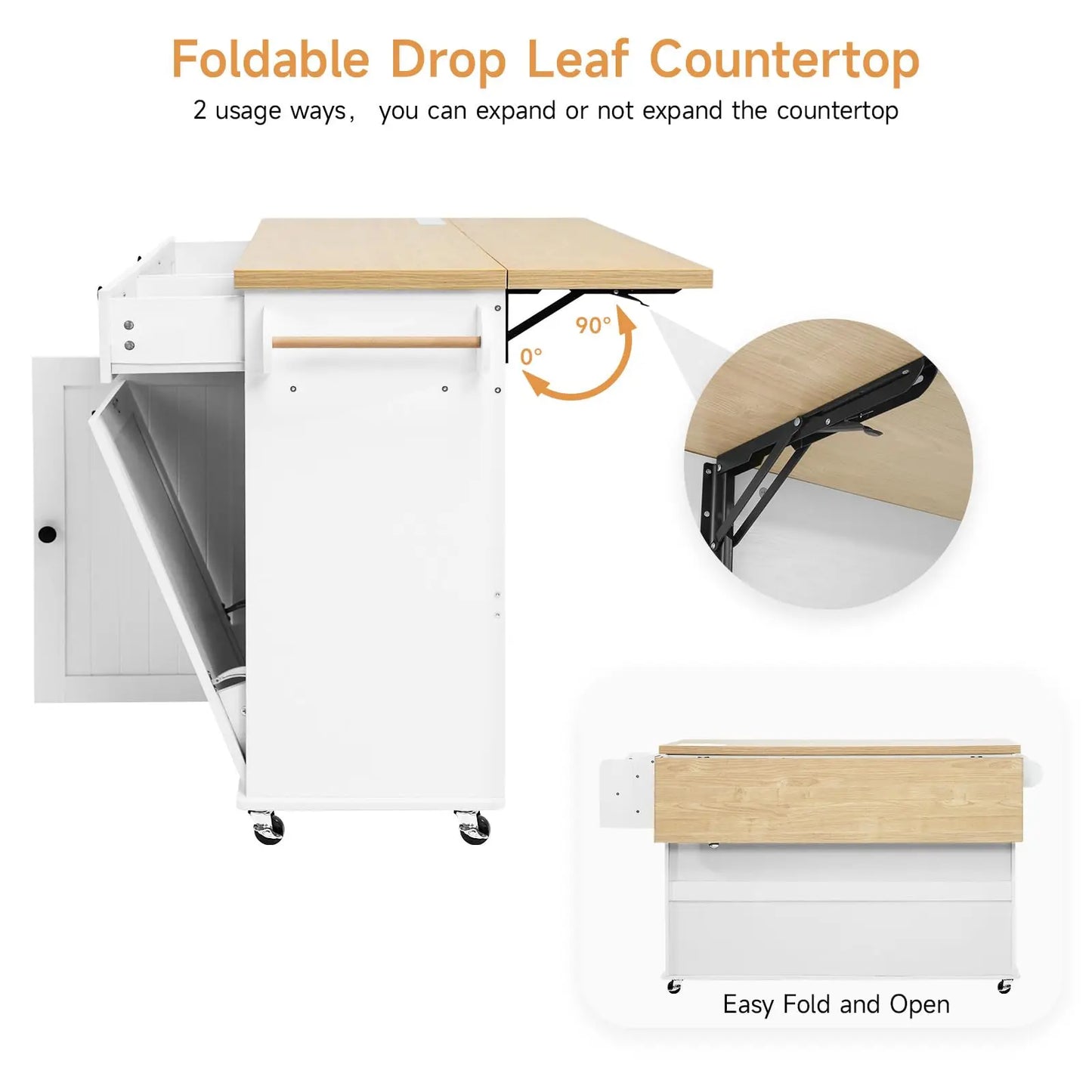 60" Mobile Kitchen Islands Rolling Trolleys Kitchen Island Table Drop Leaf Home Carts with Power Outlet Spice Towel Rack Trash