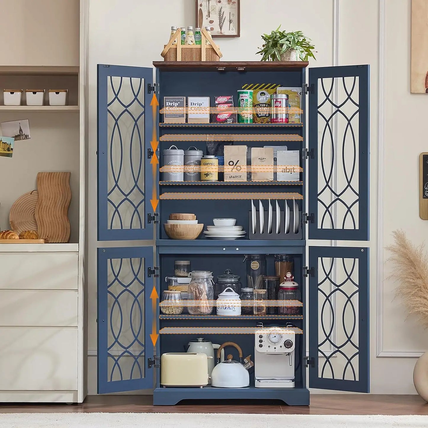 HUANZHUANG Set of 2 Wood Pantry Cabinets With Glass Doors