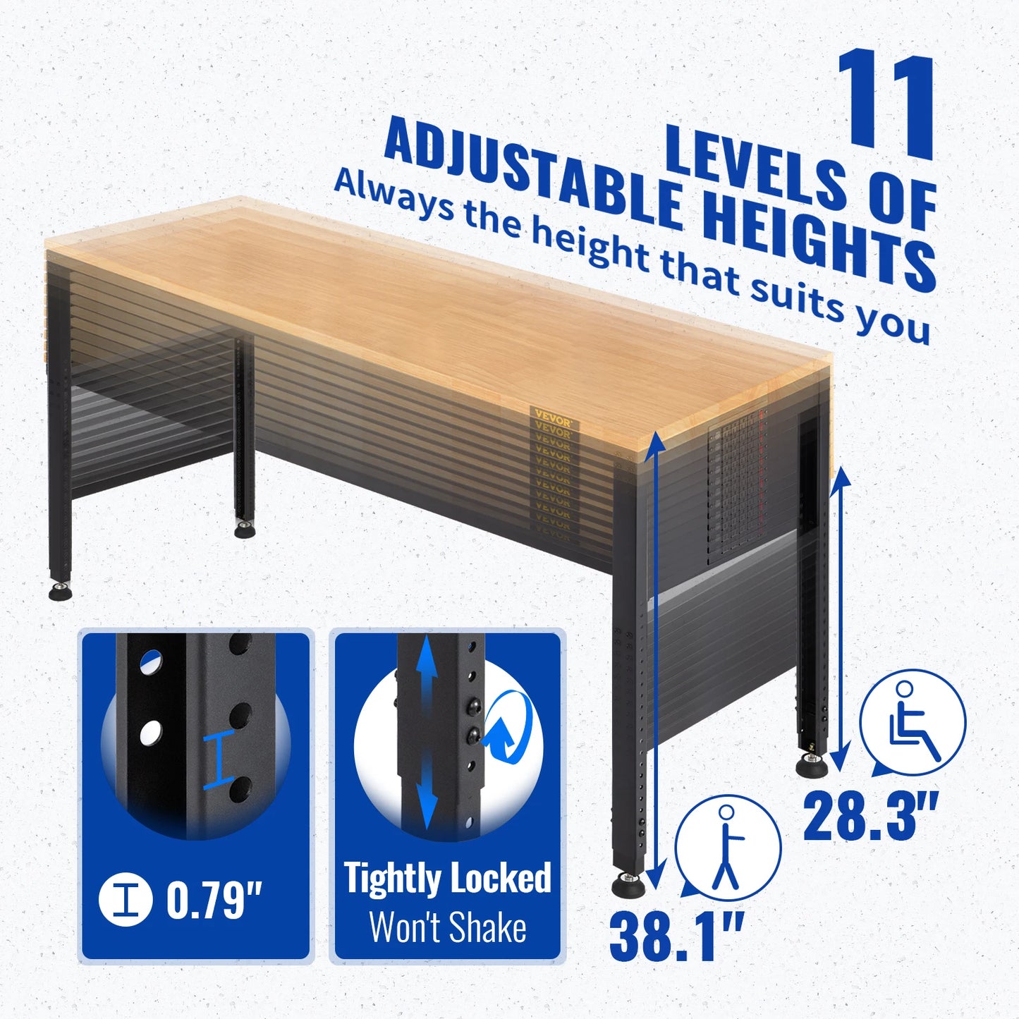 Woodworking Workbench With Adjustable Height Oak Wood Top