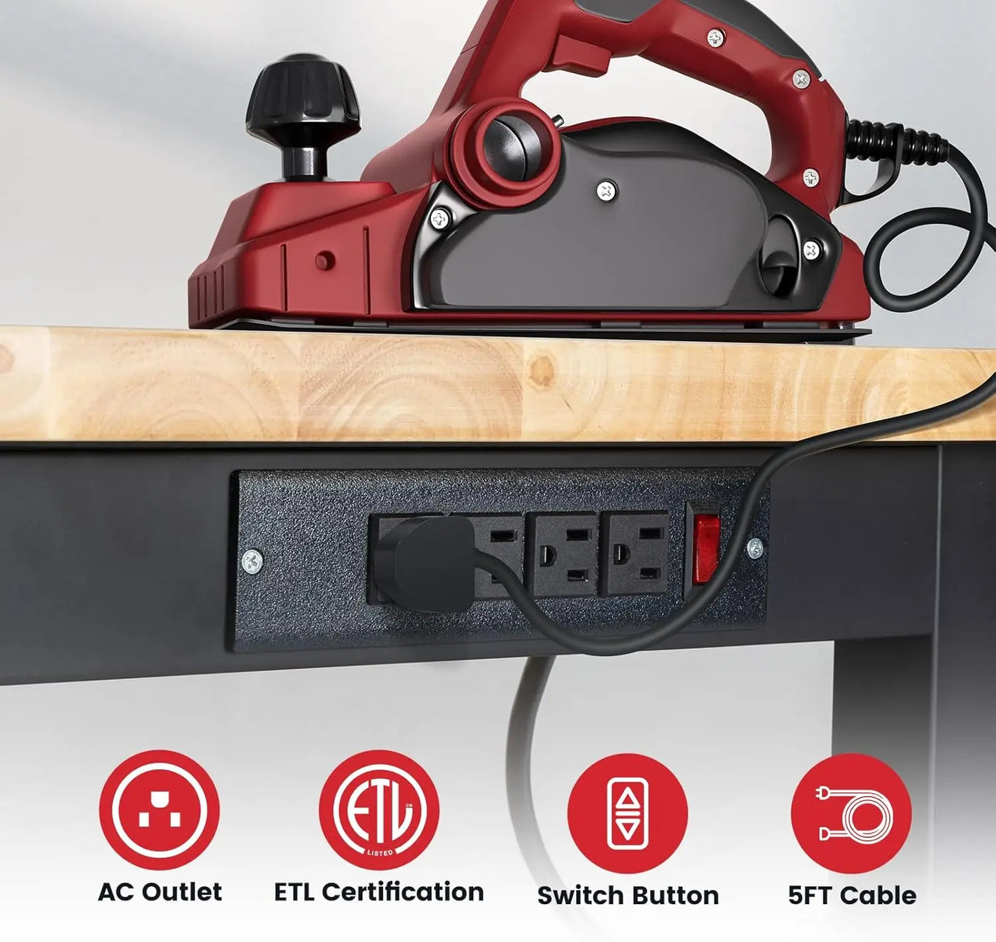 Adjustable Height Workbench With Storage, Power Outlets, And Pegboard