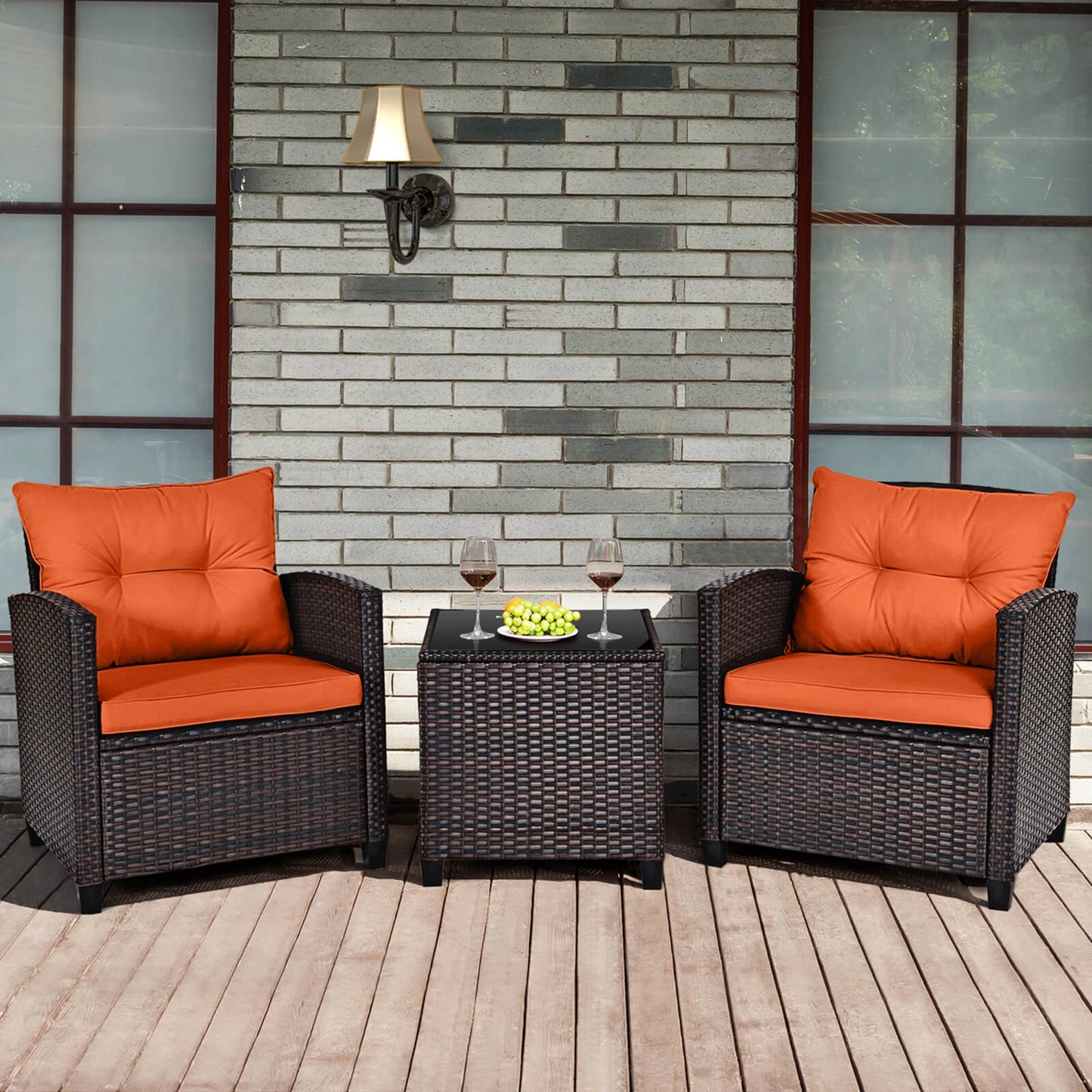 HOMASIS 3-Piece Patio Rattan Cushioned Conversation Set