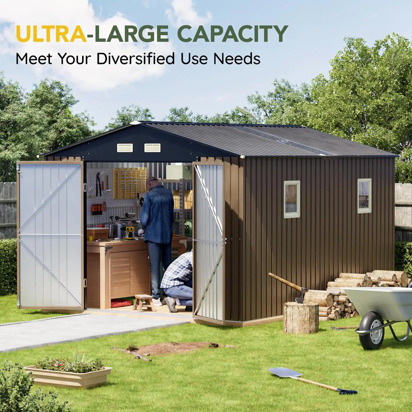 Outdoor Metal Storage Shed With Lockable Doors And Windows