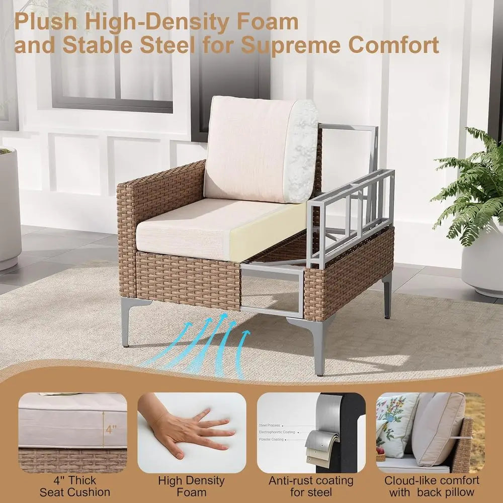 All-Weather Wicker Patio Sectional Set With Glass Table Cushions