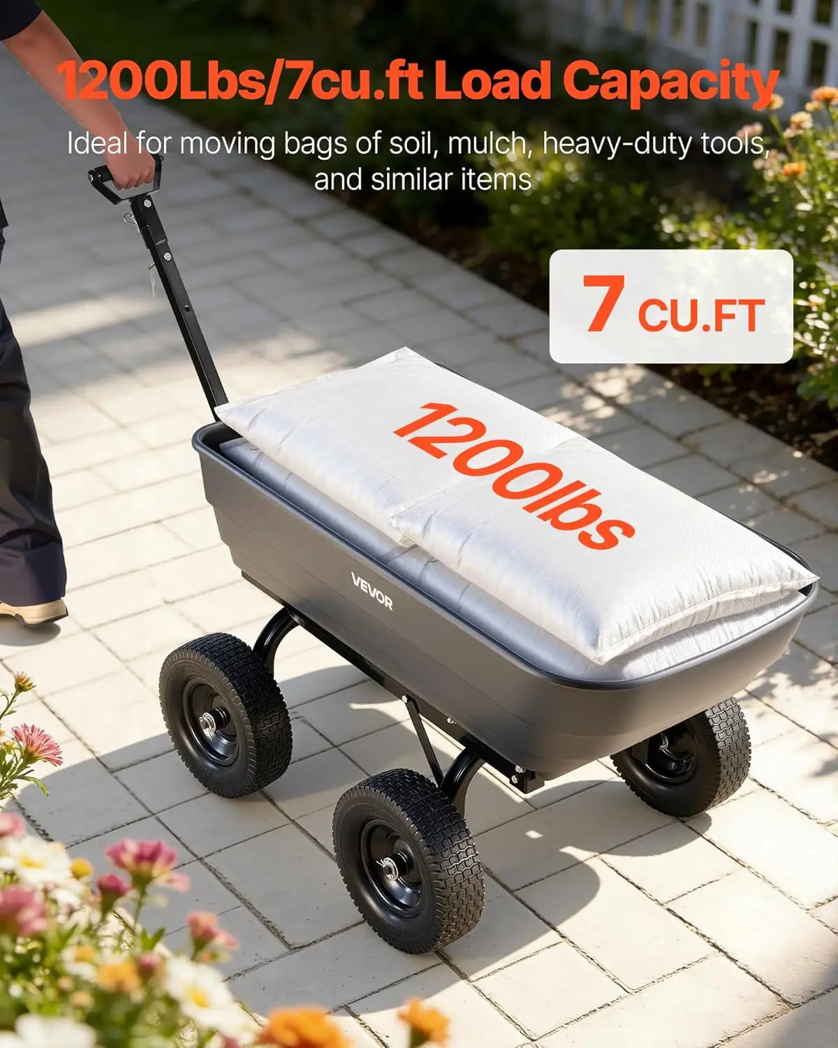 Poly Garden Cart Dump Wagon With 2-In-1 Convertible Handle