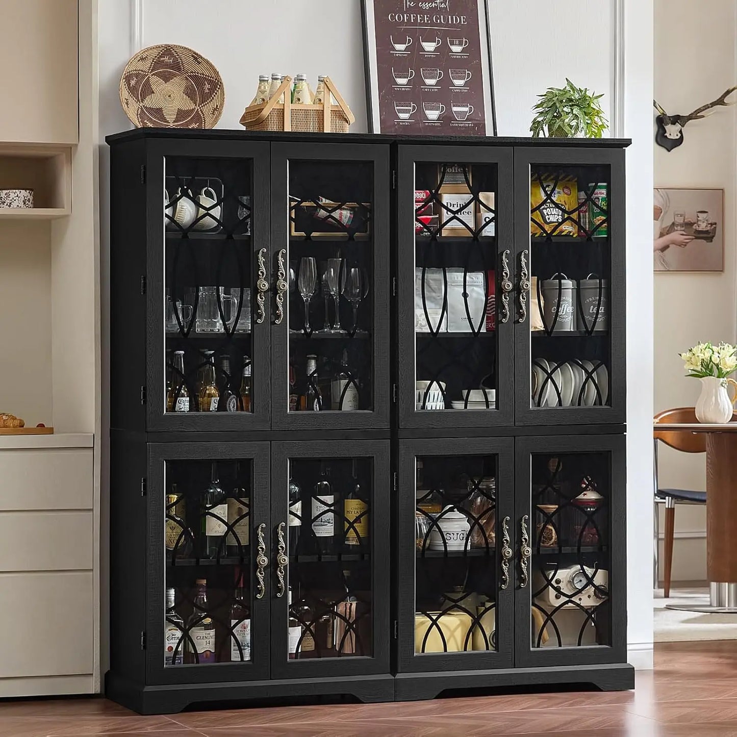 HUANZHUANG Set of 2 Wood Pantry Cabinets With Glass Doors