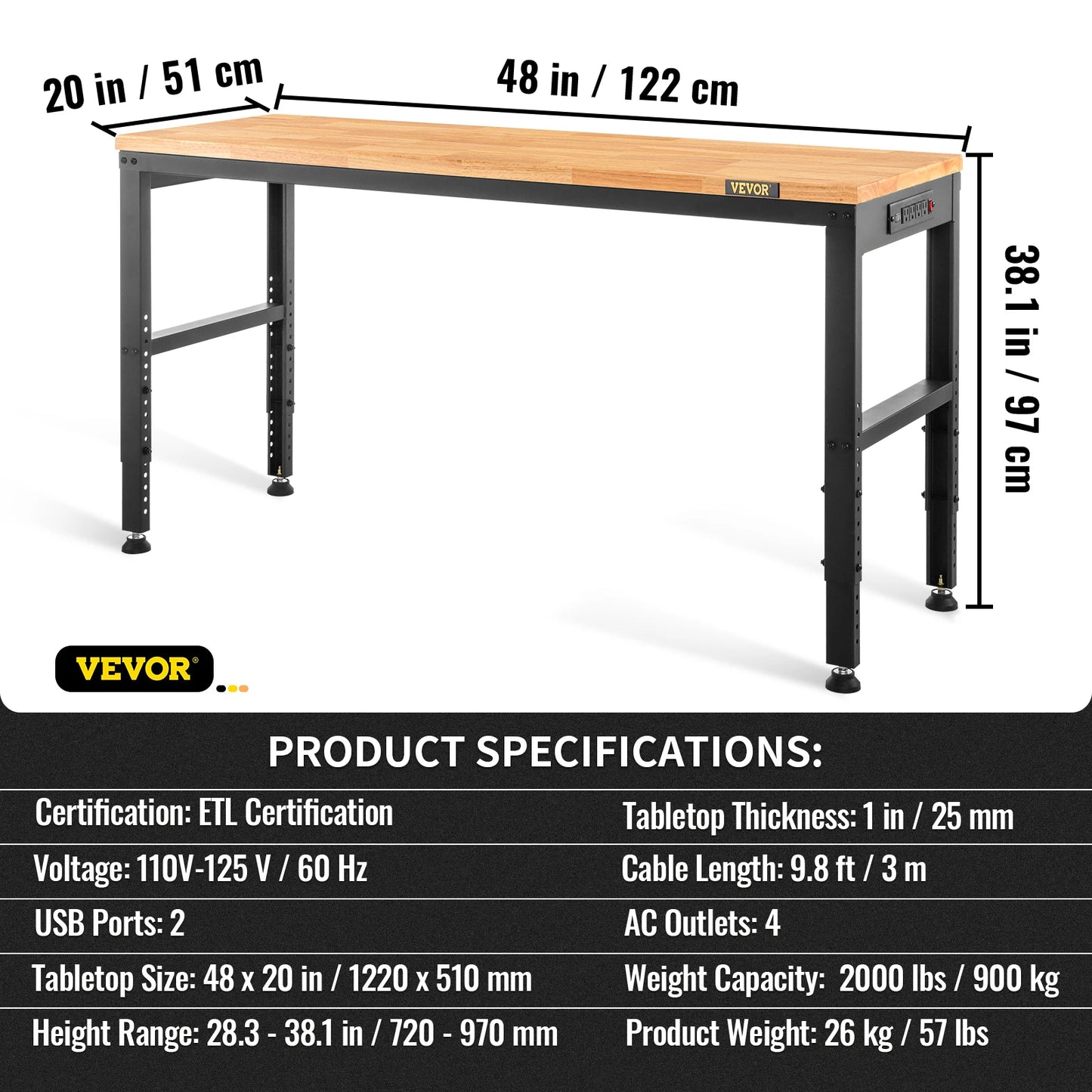 Woodworking Workbench With Adjustable Height Oak Wood Top