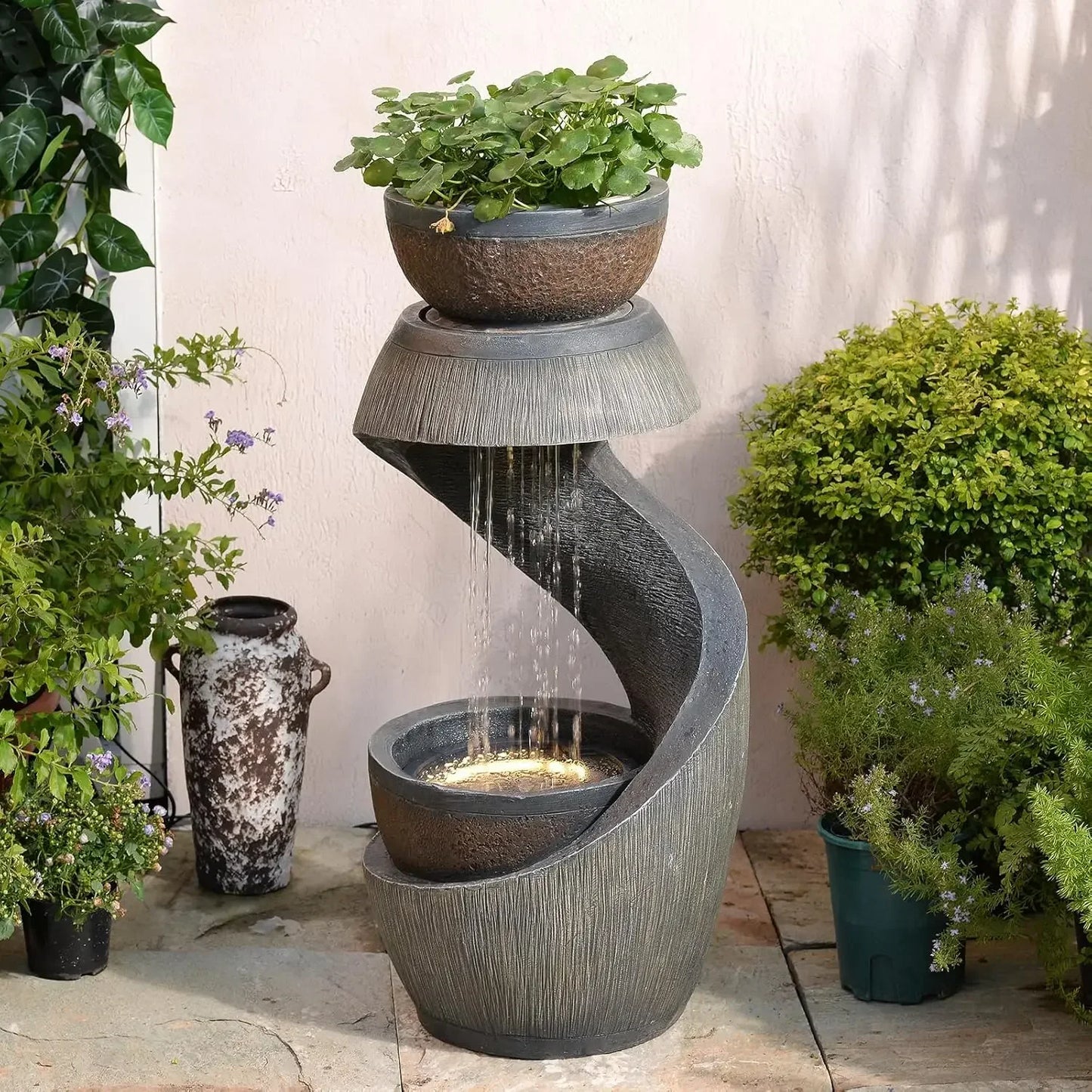 S-Shaped Outdoor Water Fountain With LED Lights And Planter Bowl