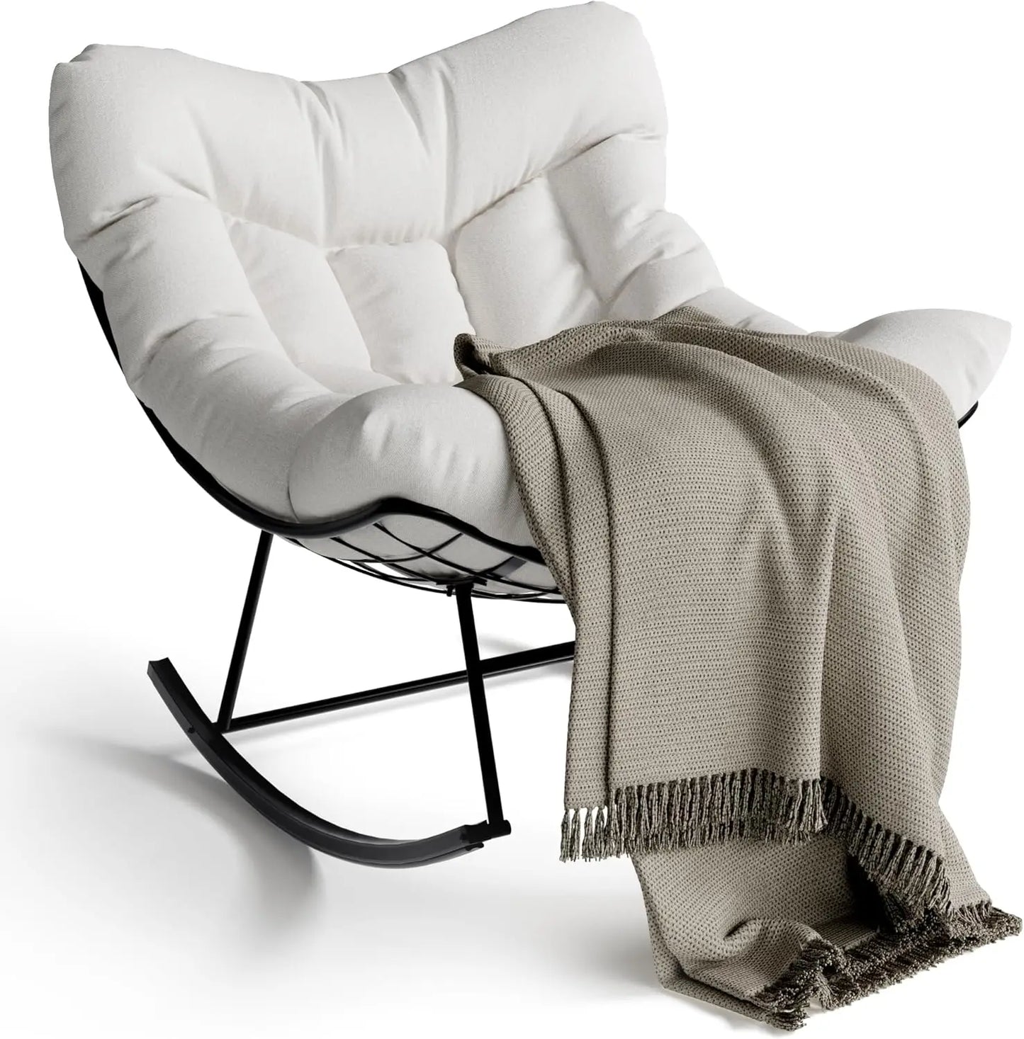 Outdoor Oversized Papasan Rocking Chair with Footrest, Patio Lounge Chair Rattan Egg Rocker for Balcony Backyard Porch Bedroom
