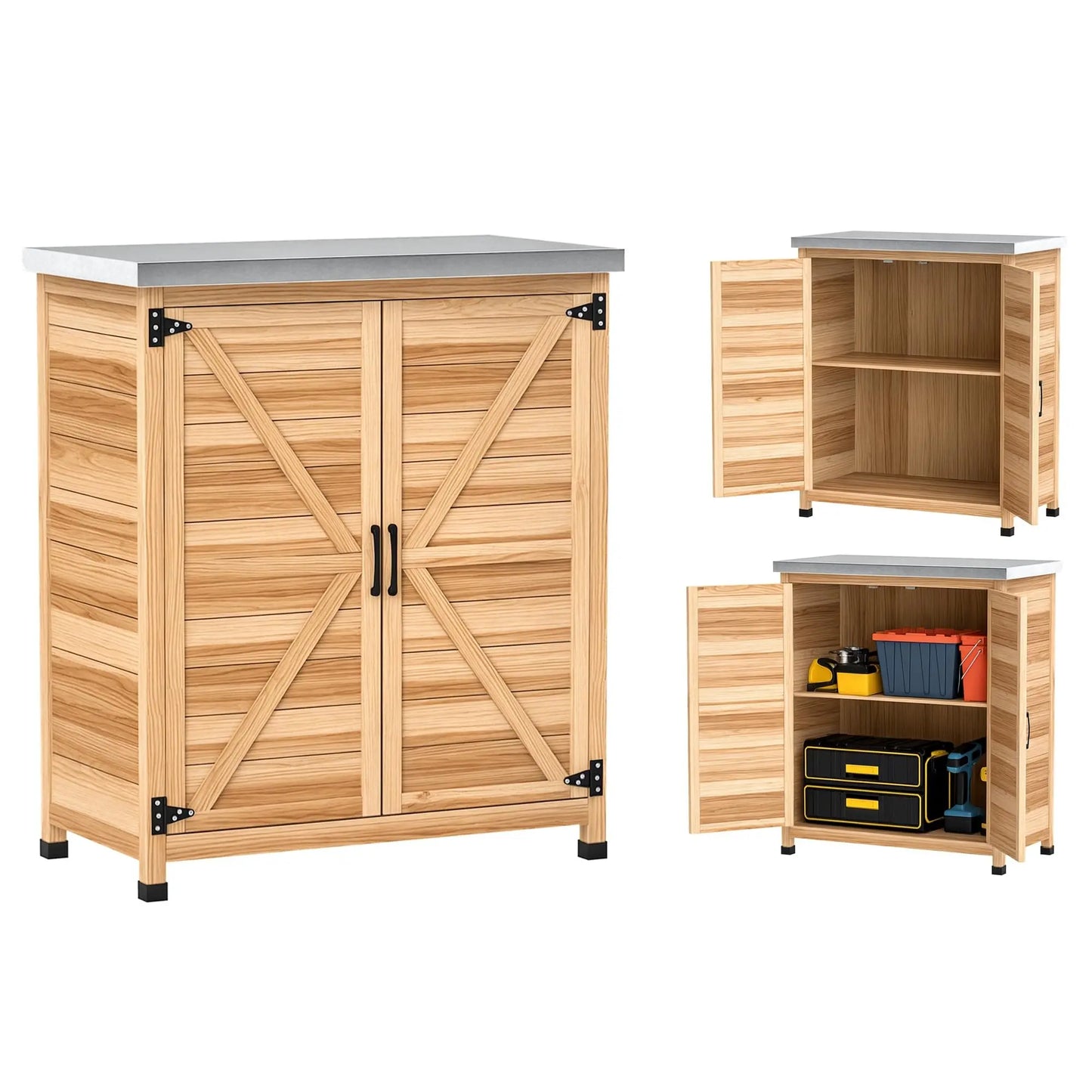 Outdoor Storage Cabinet With Wooden Tabletop And Shelves