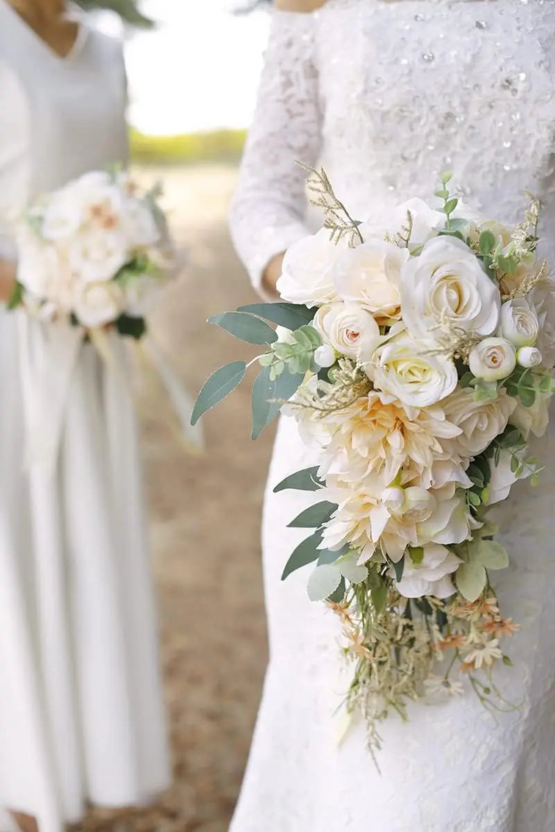 Beige Silk Rose Bridal Bouquet For Rustic Boho Wedding Decor