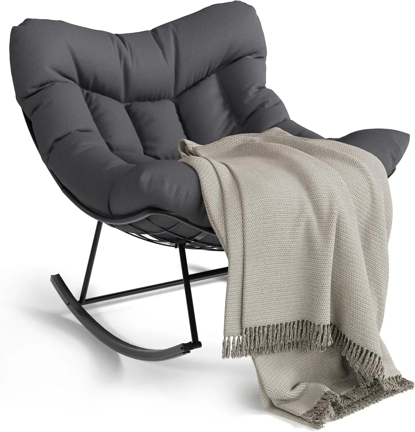 Outdoor Oversized Papasan Rocking Chair with Footrest, Patio Lounge Chair Rattan Egg Rocker for Balcony Backyard Porch Bedroom