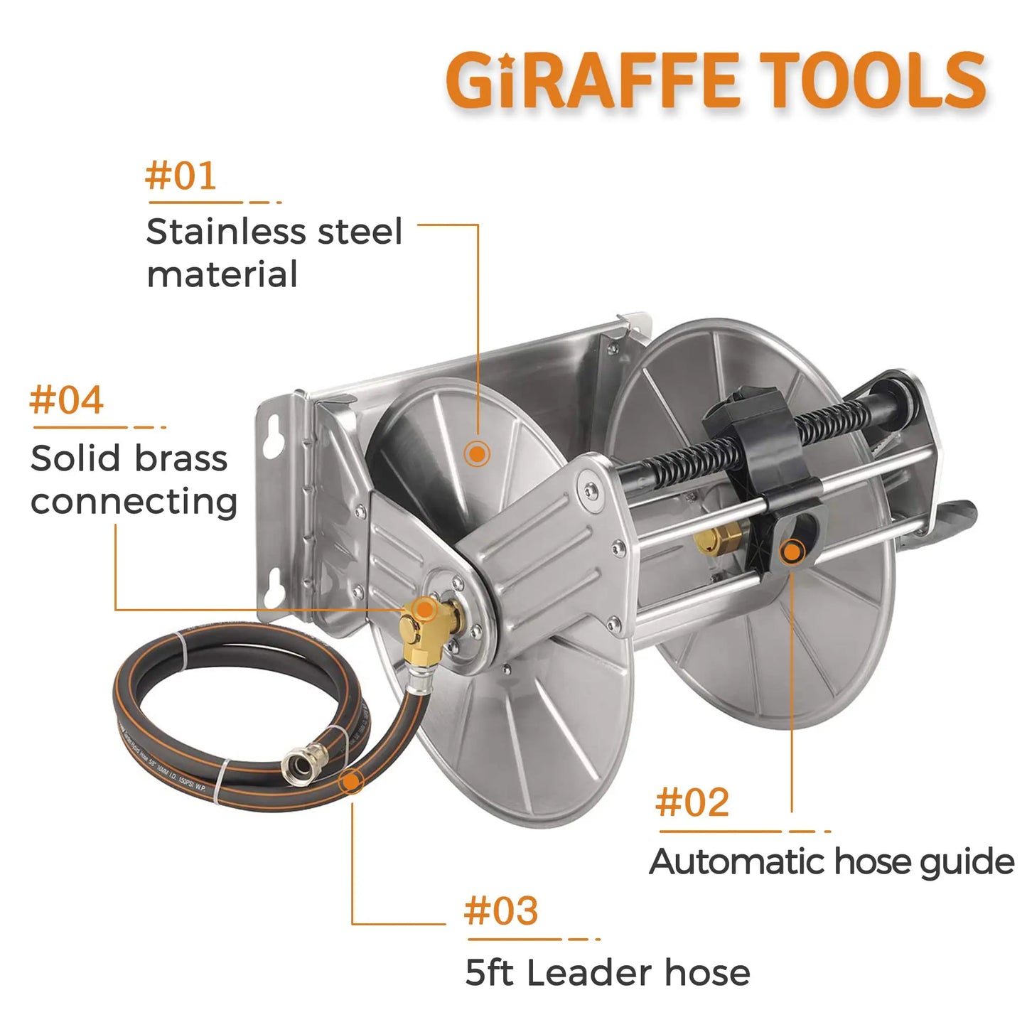 Giraffe Tools Stainless Steel Garden Hose Reel Wall Mount