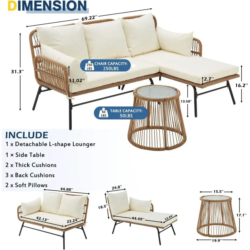 Outdoor L Shaped Sectional Sofa Set With Cushions And Glass Table