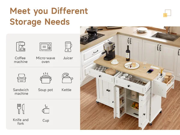 Mobile Kitchen Island Cart With Drop Leaf And Power Outlet