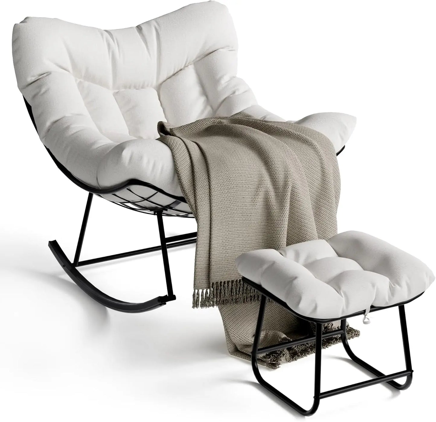 Outdoor Oversized Papasan Rocking Chair with Footrest, Patio Lounge Chair Rattan Egg Rocker for Balcony Backyard Porch Bedroom