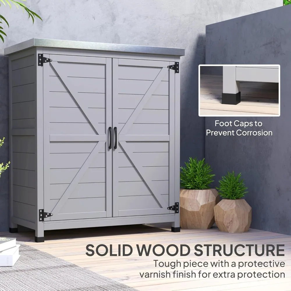 Outdoor Storage Cabinet With Wooden Tabletop And Shelves