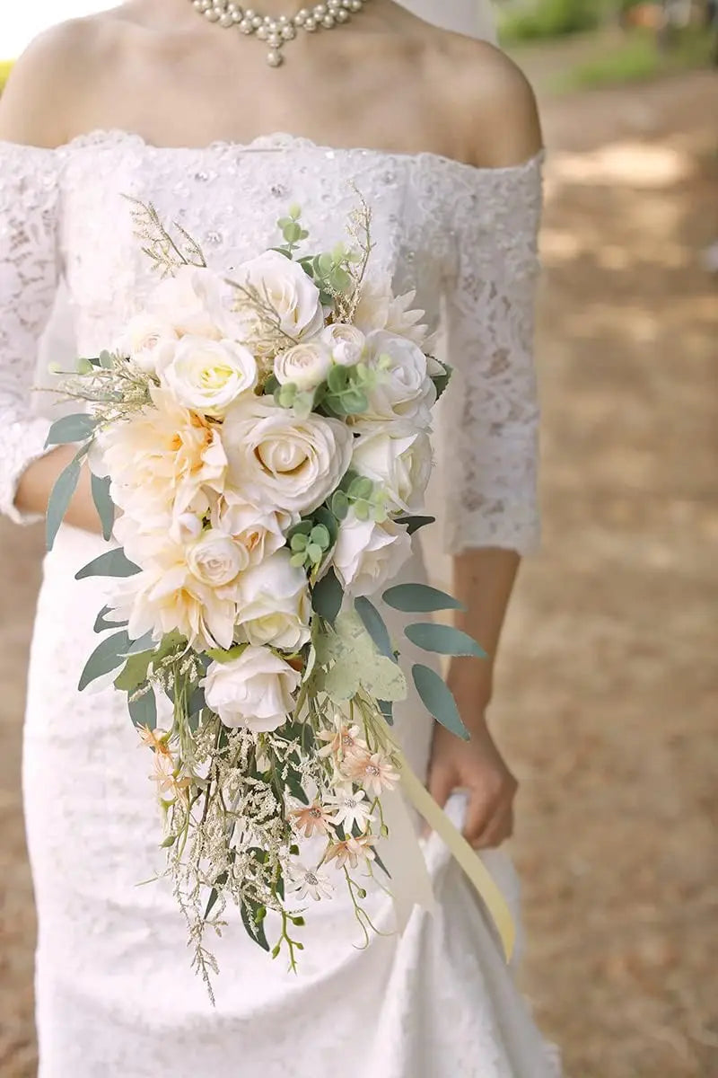 Beige Silk Rose Bridal Bouquet For Rustic Boho Wedding Decor