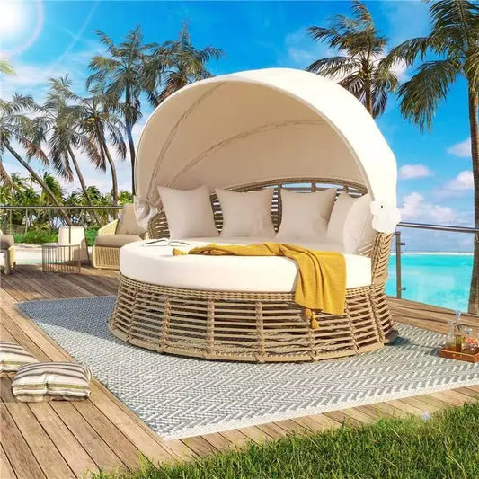 Outdoor Patio Rattan Round Daybed with Retractable Canopy Wicker Furniture Round Poolside Sofa Sunbed with Removable Cushions (B