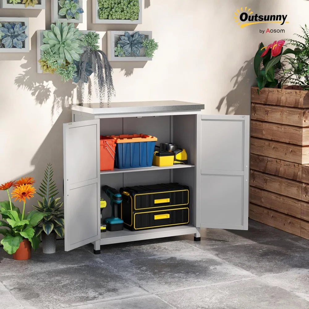 Outdoor Storage Cabinet With Wooden Tabletop And Shelves